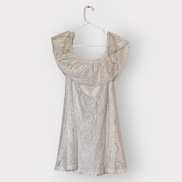 NO COMMENT WOMENS SIZE LARGE CREAM BEIGE LACE COTTON MIDI DRESS WITH SLIP - Picture 6 of 6